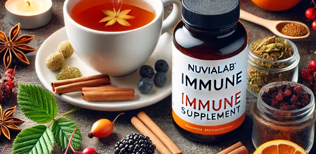 health and wellness-themed image featuring NuviaLab Immune supplement,